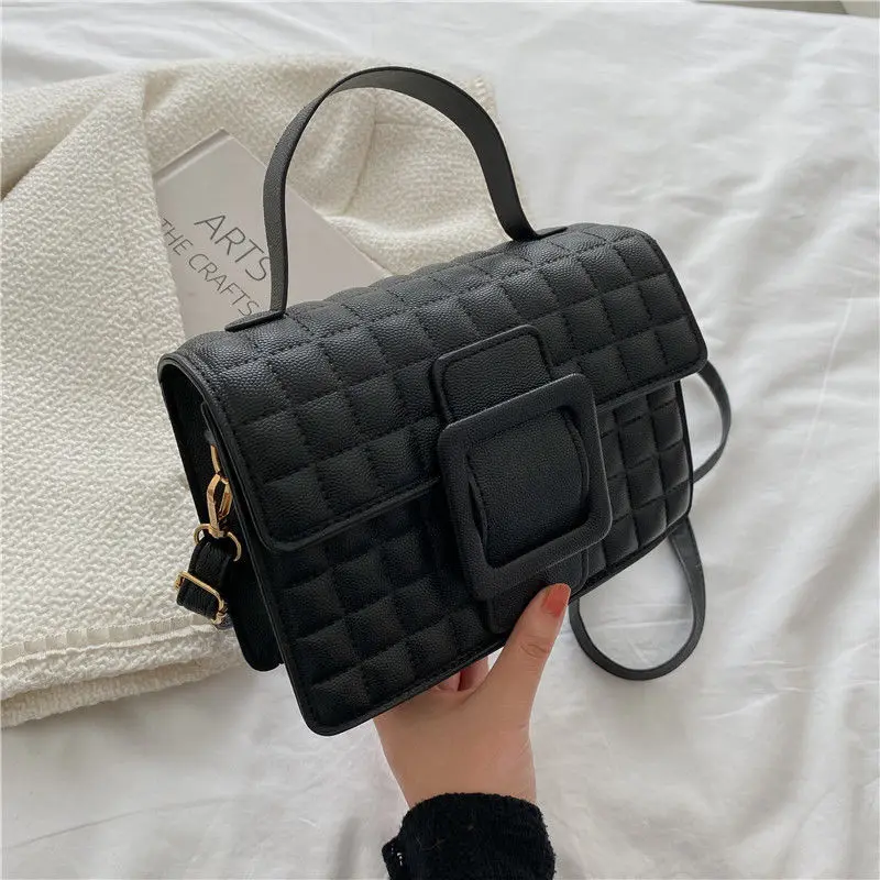 

Small Square Handbag Women'S Leather Shoulder Bags With Short Handles Female Lattice Black Top Handle Bags With Crossbody Strap