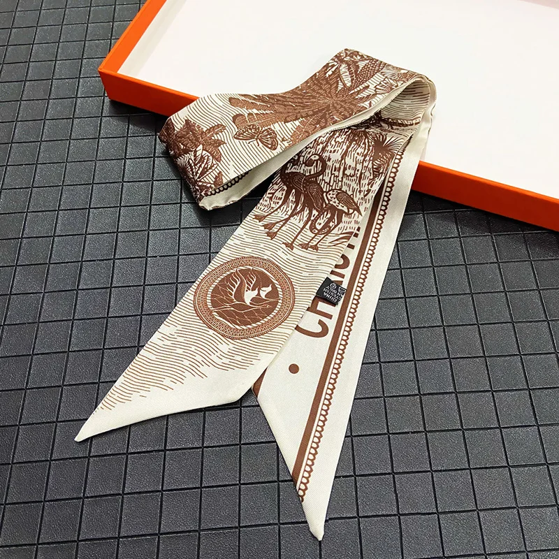 

Tropic Affair Luxury Brand Silk Scarf For Women 2021 New Print Handle Bag Ribbons Fashion Head Scarf Lady Long Skinny Scarves