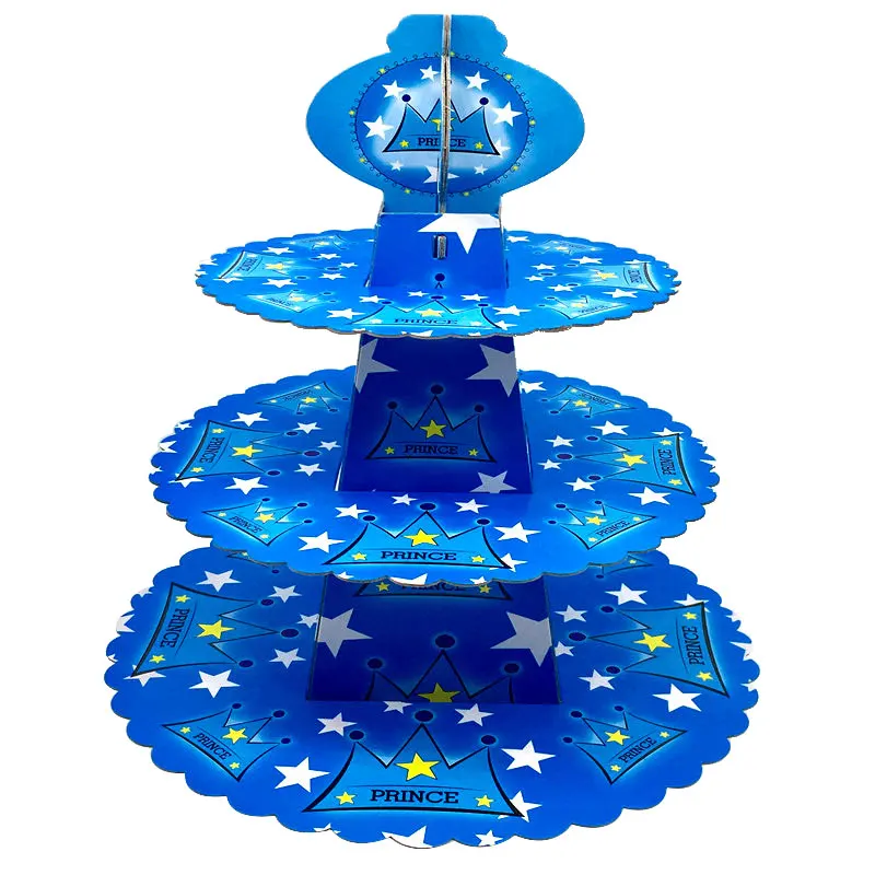 

2021 Cartoon Paper Blue Cake Stand Three Layers Folding Cupcake Dessert Candy Cookies Holder Rack Kids Birthday Party Supplies