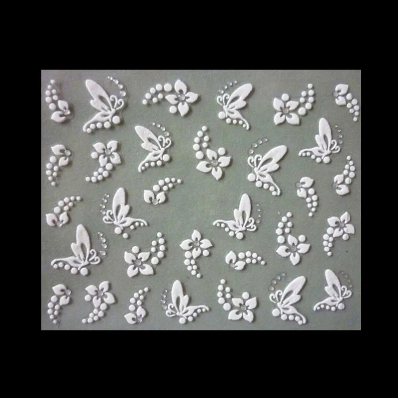 Новинка, 1 лист, 3D милые наклейки для ногтей, белые Серебристые цветы, Бабочка, стразы, декоративные наклейки для ногтей