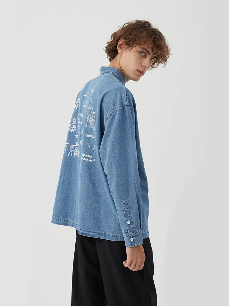 

2021 Spring New Product Japanese Tooling Basic Couple Line Drawing Graffiti Printed Denim Shirt for Men and Women