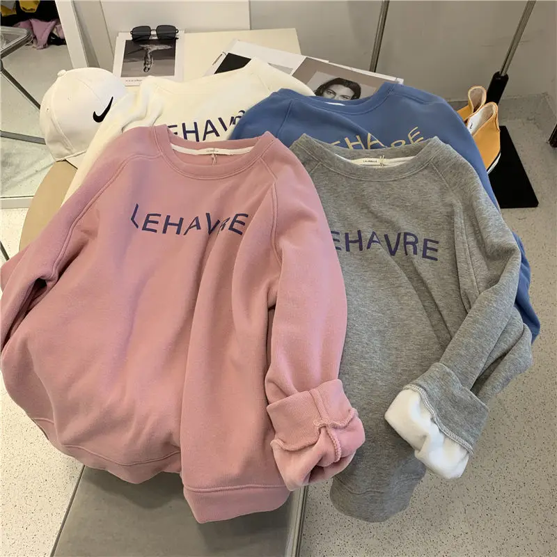 

Add velvet thickening contrast letters sweater women tide ins autumn and winter 2021 new Korean loose slim round neck top