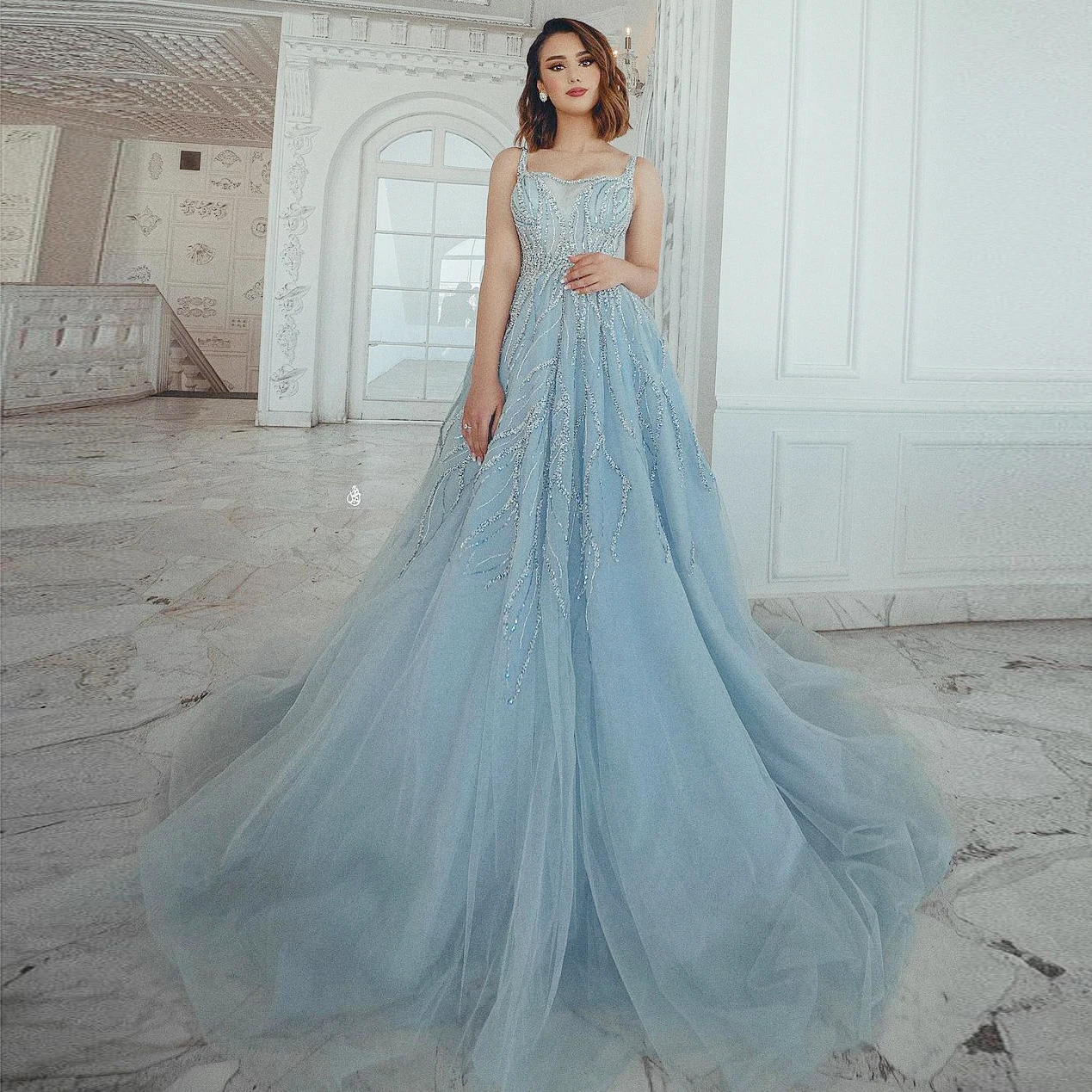

Sky Blue Tank Prom Dress Sequins Beaded Evening Dress Elegant Dresses For Women Backless Wedding Dress Female Dress With Train