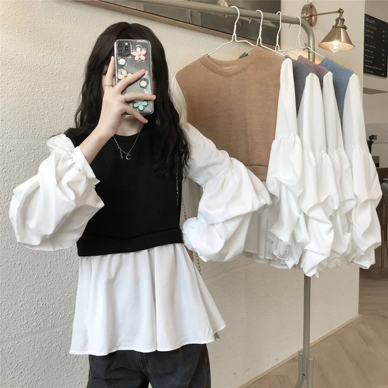 

spring autumn new women blouses Korean patchwork fake two pieces ladies tops fashion brand o-neck lantern sleeve Shirts hipster