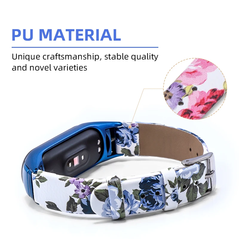 

Leather strap For Xiaomi Mi band 6 5 3 4 Blue rose pattern Mi band 6 5 bracelet correa Wristband replace For Mi band 3 4 5 strap