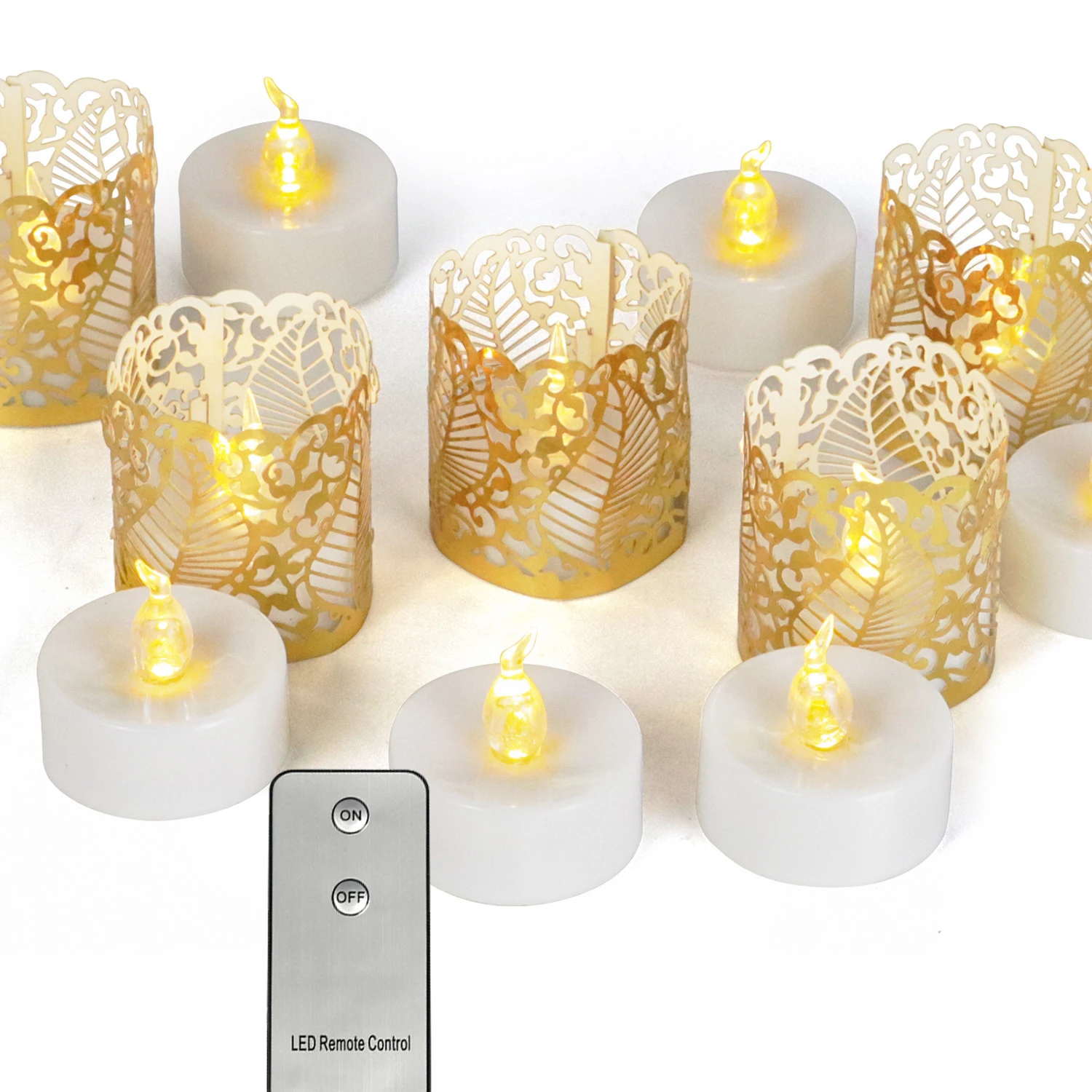 

12X Golden Hollow Paper Electric Candle Remote Flicker LED Tea Light Battery Operate Festival Dinner Night Lamp DIY Event Decors