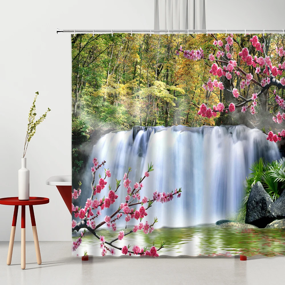 

Waterfall Shower Curtain Creative Scenery Forest Pattern Washable Fabric Home Decor Set With Hooks Landscape Bathroom Curtains
