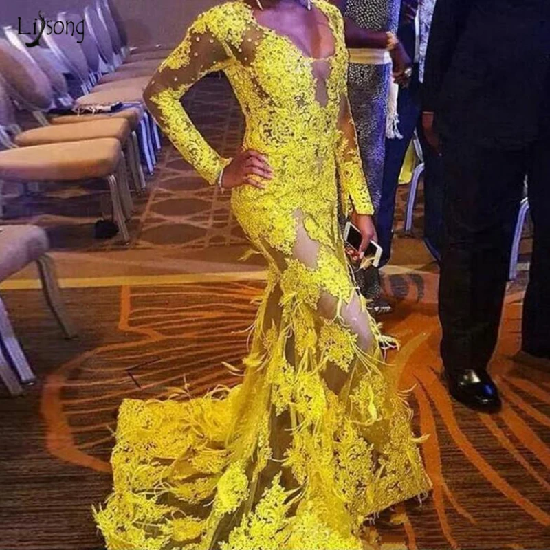 Женское вечернее платье с юбкой годе длинное желтое кружевное длинными рукавами