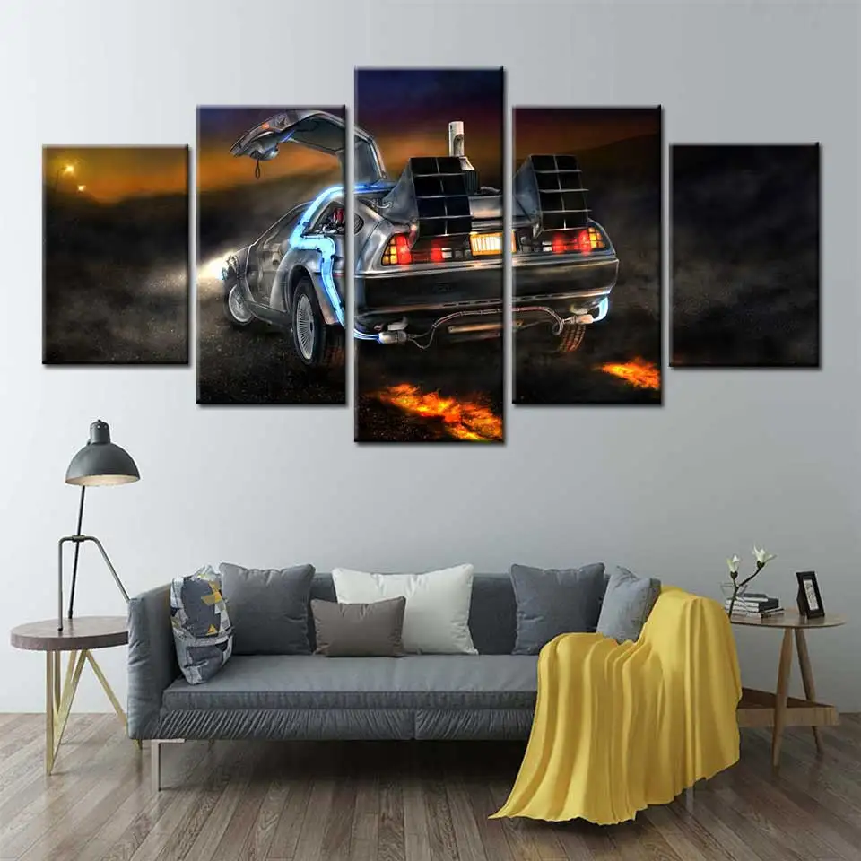

Back to the future car canvas 5 panel Wall art posters and prints Modular picture canvas wall pictures for living room decor