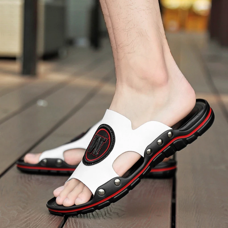 Мужские повседневные Шлепанцы из натуральной кожи пляжные тапочки плоская