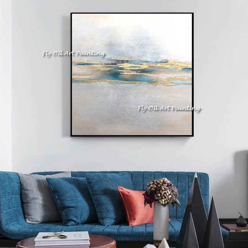 Золотистая синяя мраморная абстрактная картина ручной работы холст в