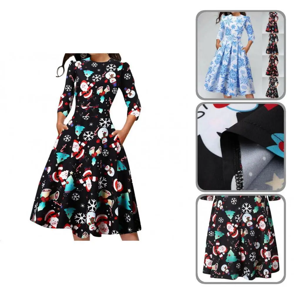 

Midi Dress O-Neck Comfy Slim Fit Pleated Large Hem Women Xmas Dress Evening Dress Festival Clothing