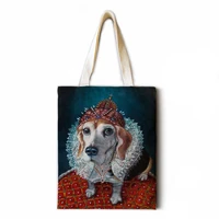 Oil painting dog cotton and linen handbag fashion shoulder bag ladies leisure ecological shopping high quality foldable handbag