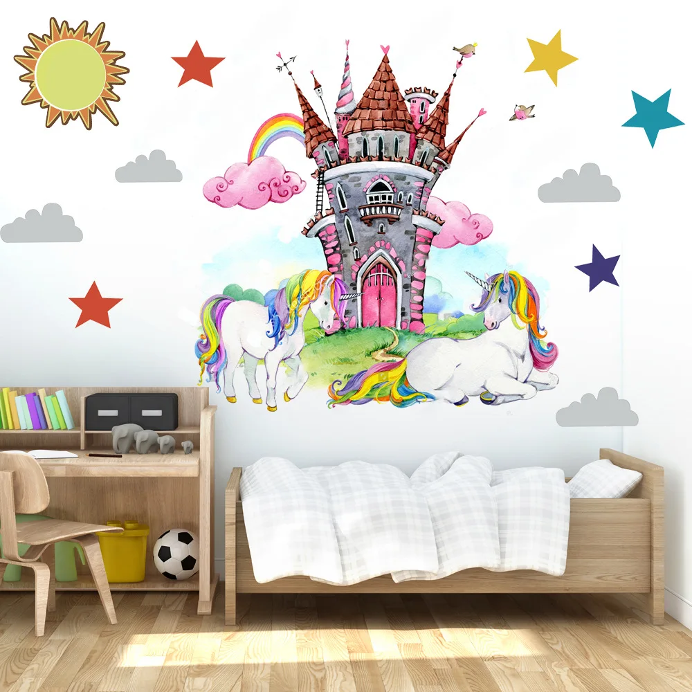 

Креативные настенные стикеры в виде замка с единорогом для детской комнаты, домашний декор для гостиной, Мультяшные яркие художественные п...