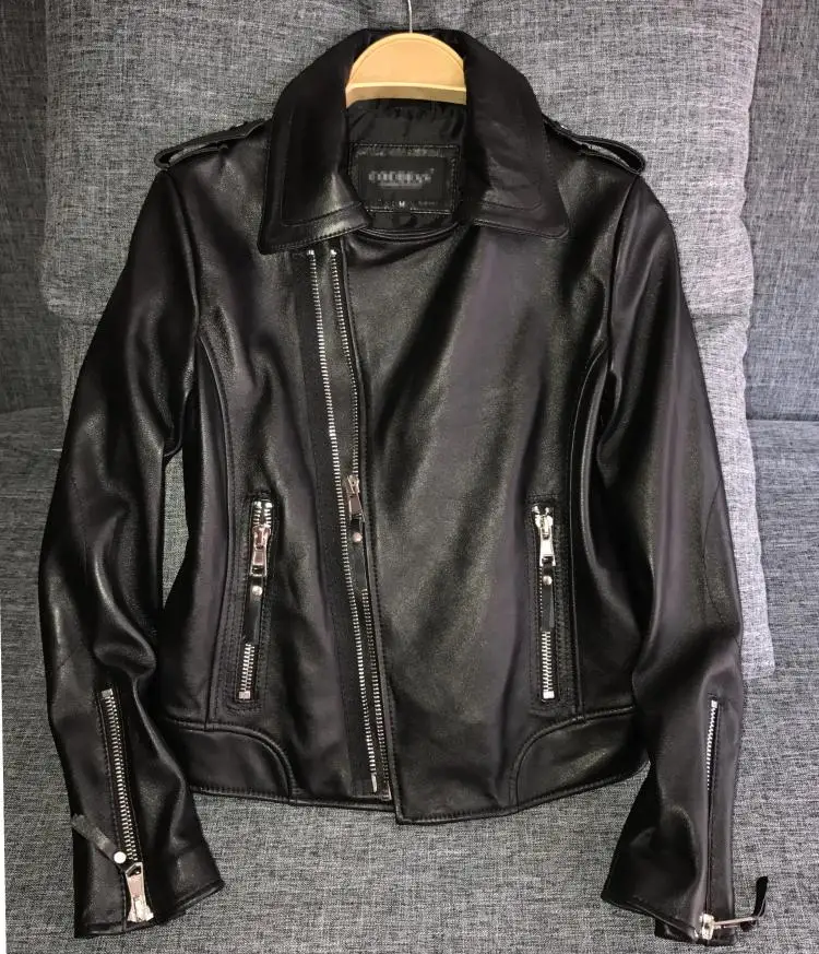 On big sales fashion women's motor jacket turn-down collar genuine leather clothing female lady sheepskin coat black 2xl 3xl