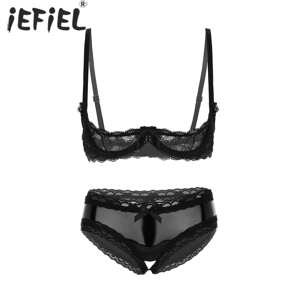 

Women See-through Lace Underwire Bra Tops with Wet Look Crotchless Cutout Panties Two-piece Lingerie Costumes for Nightclub