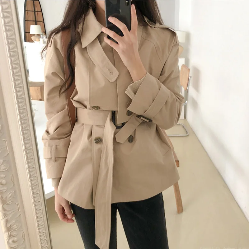 Женский двубортный Тренч Mozuleva свободная короткая верхняя одежда с поясом зимняя