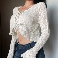 sweet flare sleeve knitted knitwear white lace crop tops t shirt autumn bandage korean fashion y2k t shirt sexy ruffles shirts