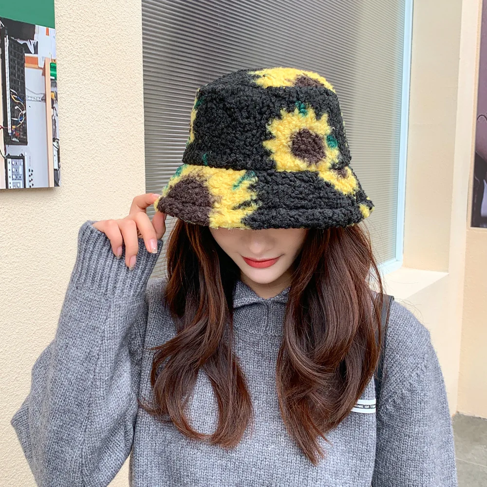 

Sunflower Autumn Winter Lamb Hair Hat Lamb Wool Bucket Hat Outdoor Trend Fisherman Cap for Women Casual Winter Warm Hat