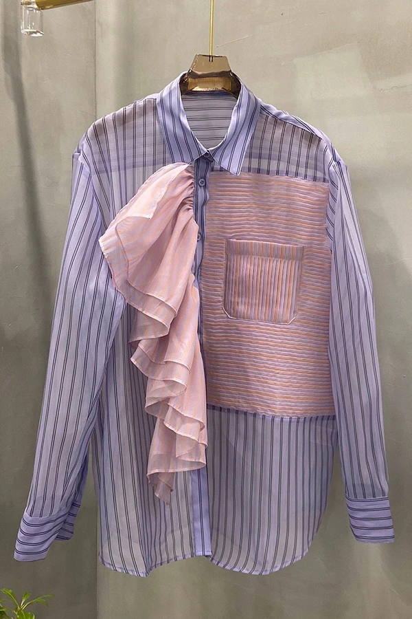 

Early autumn 20 new niche fashion stereo double lace stitching hand pleated design long sleeve blouse