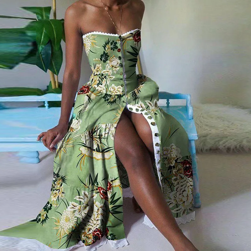 

Dress Women Beach Vacation Sexy Split Long Skirt Floral Tube Top Long Skirt Dresses Length Sleeve Style Sleeve Length(cm) Type