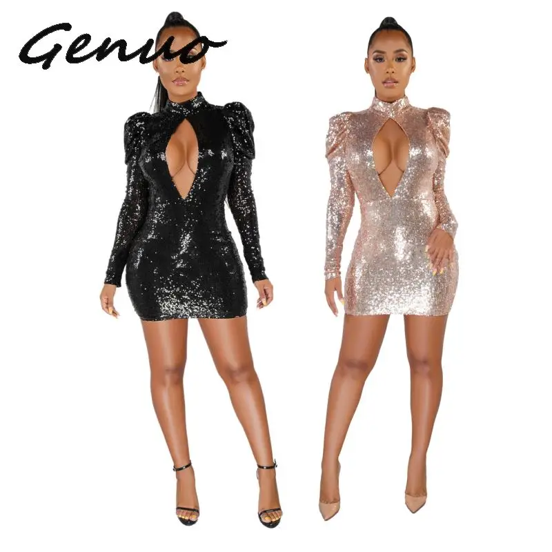 

Genuo Новый 2019 Женская тонкая блестками облегающее платье вечерние платья с короткими рукавами, шифоновая блузка с короткими рукавами с вырез...