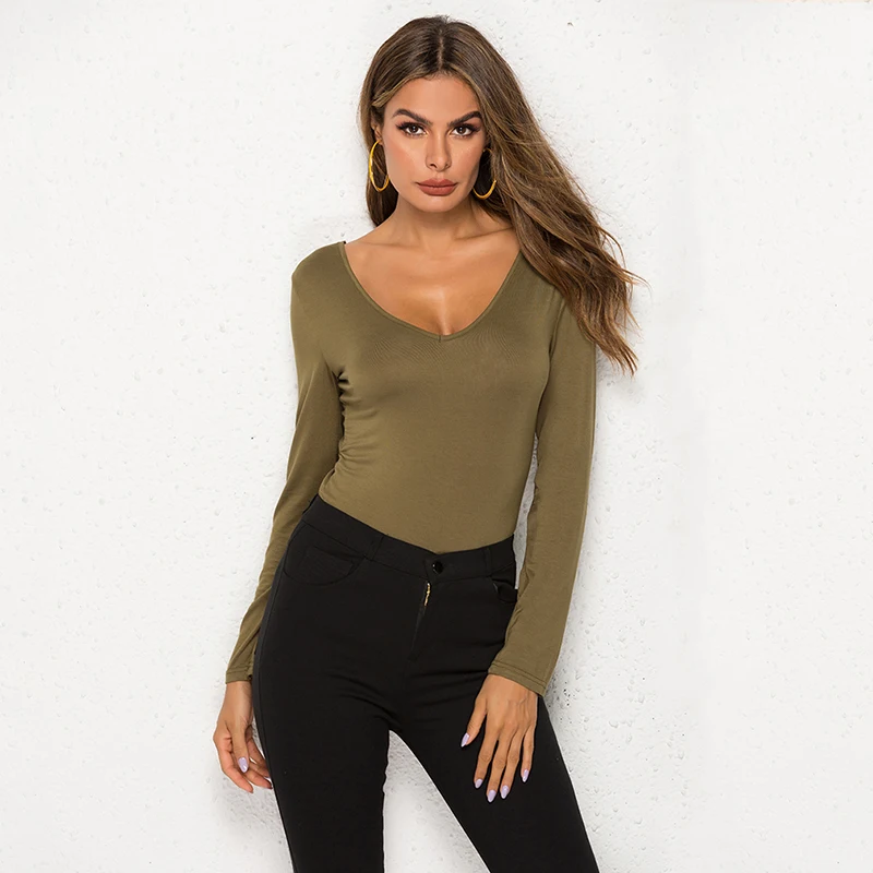 

New Women Long Sleeve V Neck Bodysuits Jumpsuit Leotard Tops Stretch Solid Casual Body Femme Fall Winter Womens Clubwear