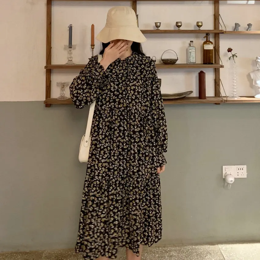 

Korean Style Women Flower Straight Shirt Dresses Spring Peter Pan Collar Calf Length Long Sleeve Oversize Chiffon Shirtdress New