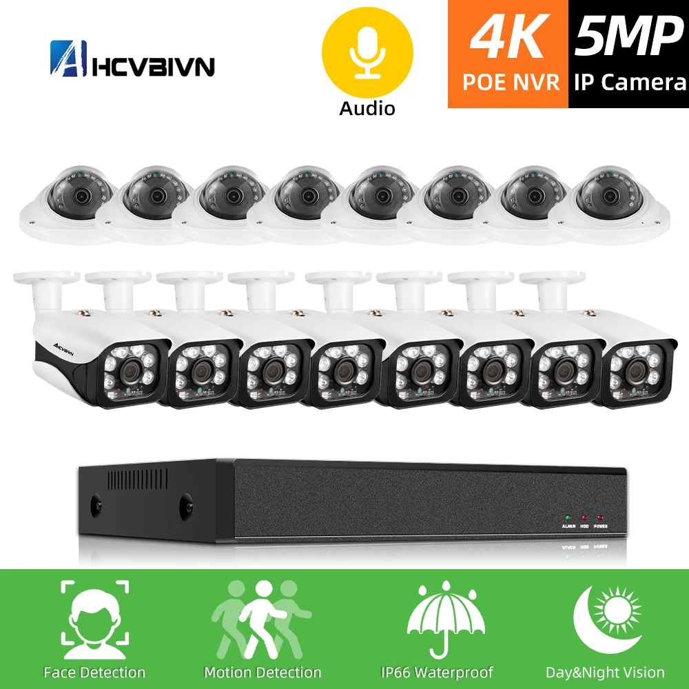 

H.265+ POE CCTV Security System 16CH 5MP 4K Audio Record NVR Outdoor 5MP PoE IP Camera IR-CUT Night P2P Video Surveillance Kit