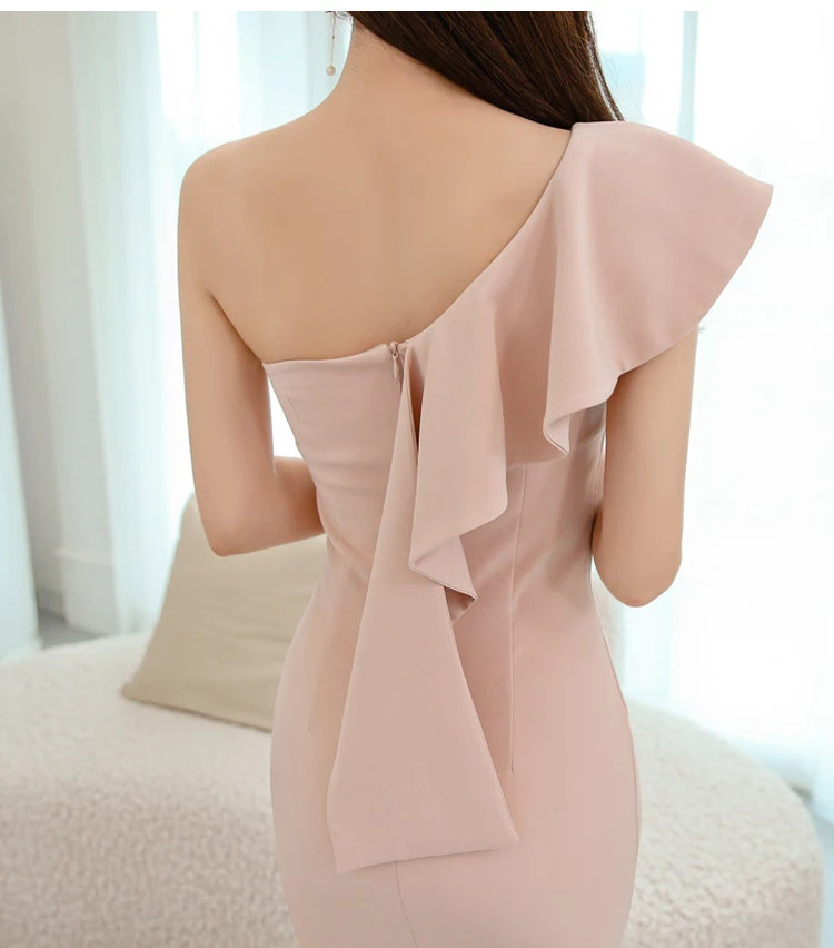 

2020 Summer Oblique Solid Vestidos Ruffles Sheath Bodycon Sleeveless Sexy Knee-Length Party Women's Dress