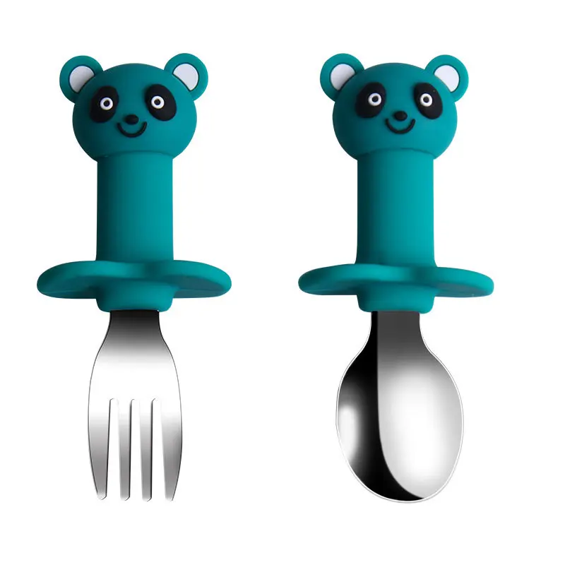 

Kids Training Spoons Silicone/Stainless Steel Cartoon Pattern Spoon Fork Set Children Tableware Heat-Resistant Portable 2Colors