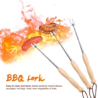 bbq fork outdoor retractable rugged wooden stainless steel barbecue fork suitable camping bbq accessories