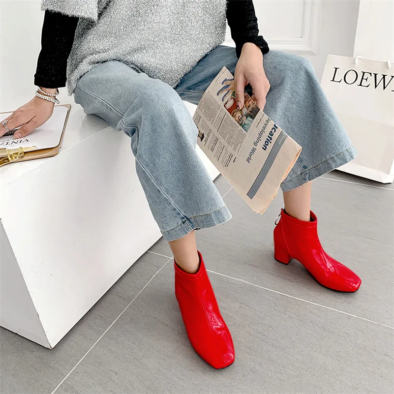 

ANNYMOLI Ankle Boots Women Shoes Metal Decoration High Heel Short Boots Square Toe Chunky Heels Zip Ladies Boots Winter Black 46