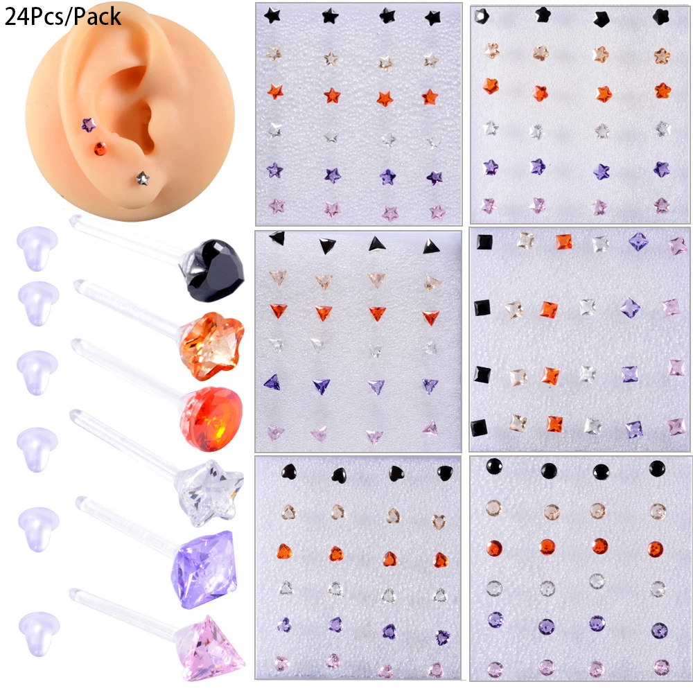 

Серьги-гвоздики для пирсинга, гипоаллергенные пластиковые серьги 24 шт./упак. в форме звезды, сердца, козелка уха, из гибкого биопласта, губ