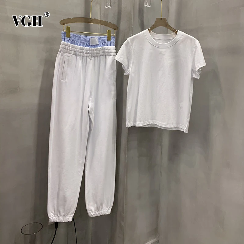 

VGH Minimalist Print Letter Two Piece Set For Women O Neck Short Sleeve T Shirt High Waist Sporty Pants Female Casual Sets 2021