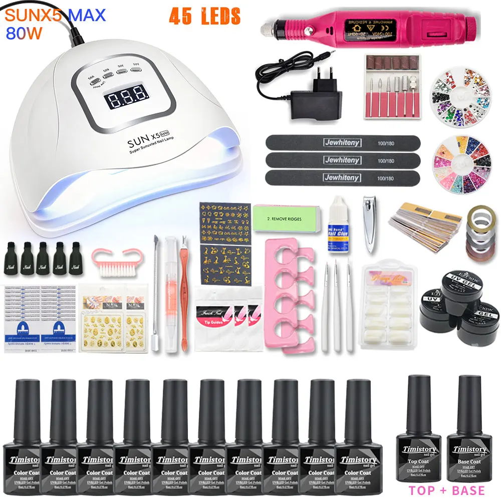 80W SUNX5 MAX SET Набор из 10 шт. гель-лаков для ногтей Светодиодная УФ-лампа для ногтей 20000 ОБ/мин маникюрные инструменты для ногтей для маникюра наборы для маникюра гель-лака для ногтей - Цвет: 80W SUNX5 MAX SET