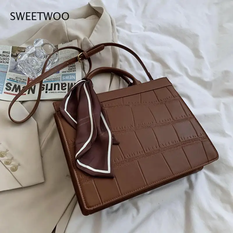 

Stone pattern Ribbon Tote bag 2021 New High-quality PU Leather Women's Designer Handbag High capacity Shoulder Messenger Bag