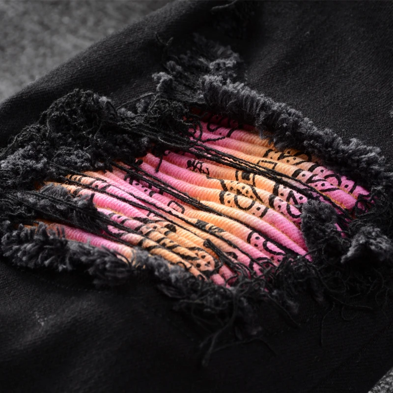 

Fashion Streetwear Men Jeans Black Color Patchwork Destroyed Ripped Jeans Men Elastic Punk Pants Hip Hop Skinny Jeans Homme