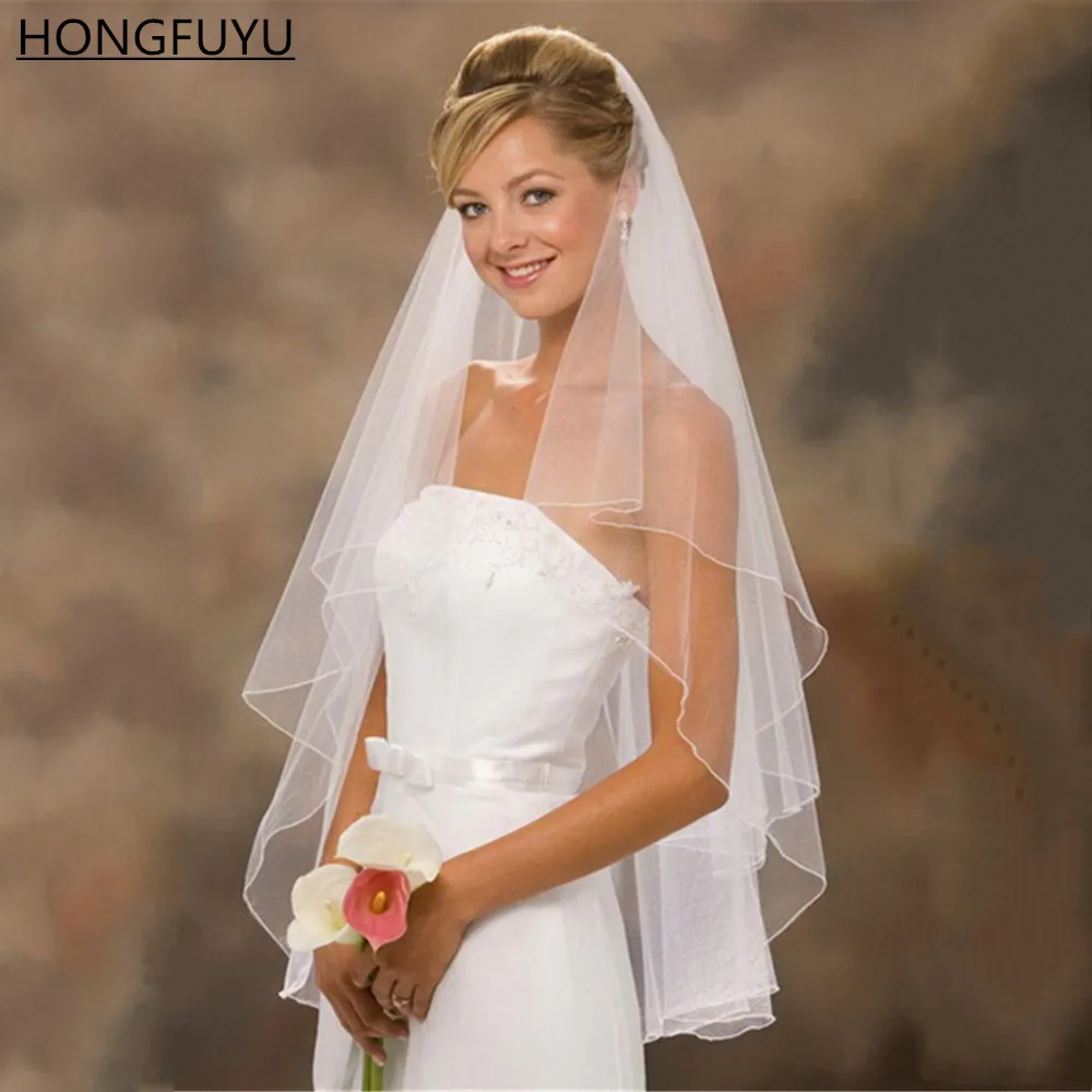 

HONGFUYU Short Tulle Simple Wedding Veils With Comb Two Layer White Ivory Bridal Veil for Bride for Marriage Wedding Accessories