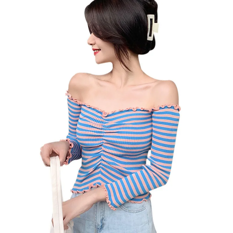 

Daxin Autumn Women's Slash Neck TShirt Striped Female Korean Top Ladies Shirt Sexy Sweet Knitted Long Sleeve Tee Shirt