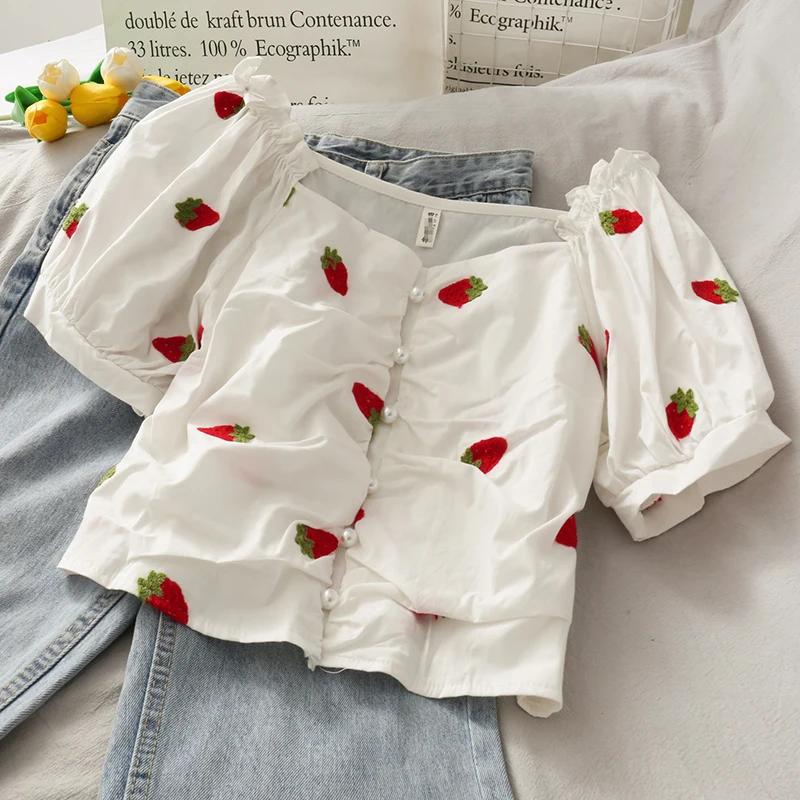 Женская блузка с вышивкой в виде фруктов Pearl Diary белый укороченный топ пышными
