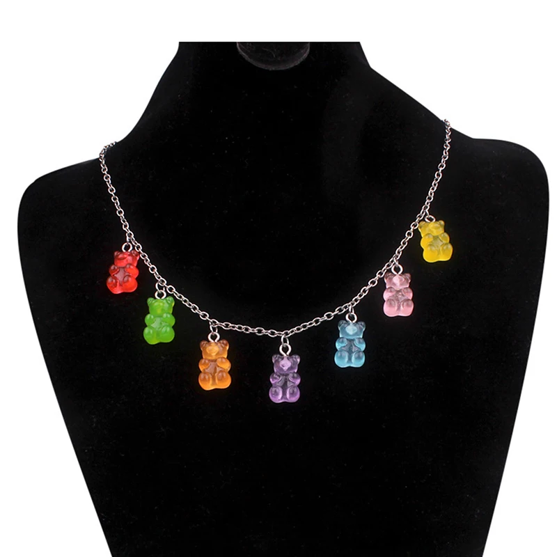 

7 Colors Rainbow Pride Cute Jelly Bear Gummy Necklaces for Women Girls Cool Punk Hip Hop Resin Necklaces Accessories