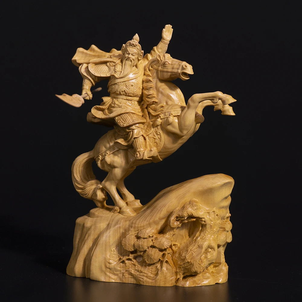 Деревянная статуя Guan Yu 15 см резьба из самшита богатство Бог удача езда Гуань гонг