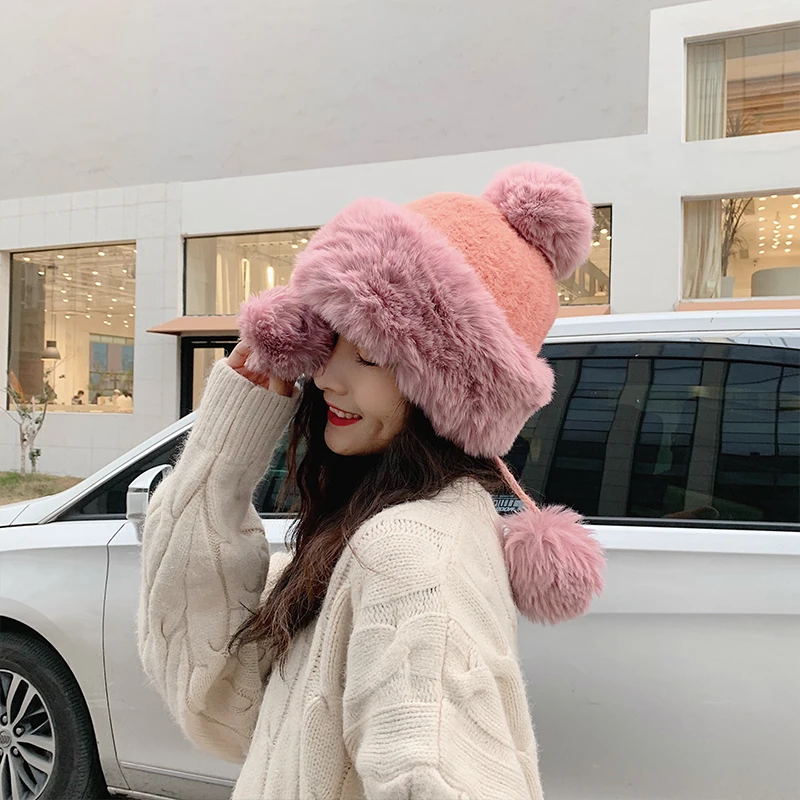 Зимняя женская однотонная вязаная шапка Faxu Fox Pom с помпонами Skullies Beanies шапки