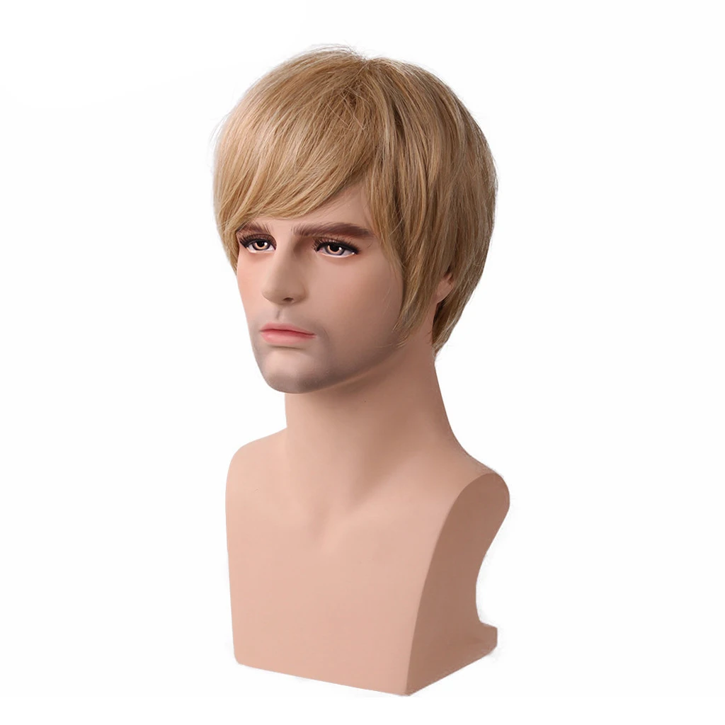 

Handsome Men Natural Straight Short Wig with Oblique Bang Mixed Hair Toupee Blonde