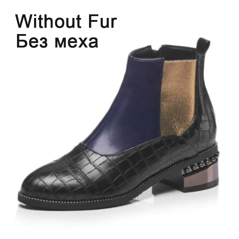 blue without fur RIZABINA, размеры 32-48, женские ботинки теплые зимние ботильоны «Челси» на меху женская обувь короткие ботинки с разноцветными бусинами женская обувь - Цвет: blue without fur