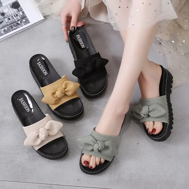 

House Slippers Platform Shoes Woman 2021 Med Luxury Slides Butterfly-Knot Pantofle Flat Designer Soft New Cotton Fabric Bonded L