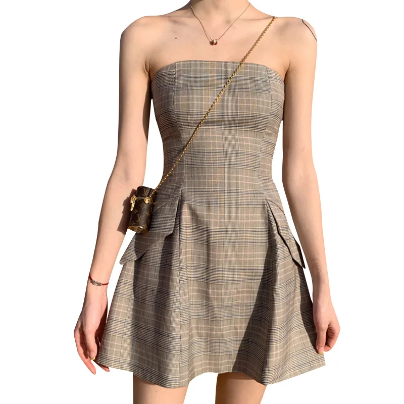 

GOOHOJIO 2020 New Summer Temperament Lattice Pattern Dresses Lady Slim Tube Top A-line Female Dress Backless Mini Dress Women