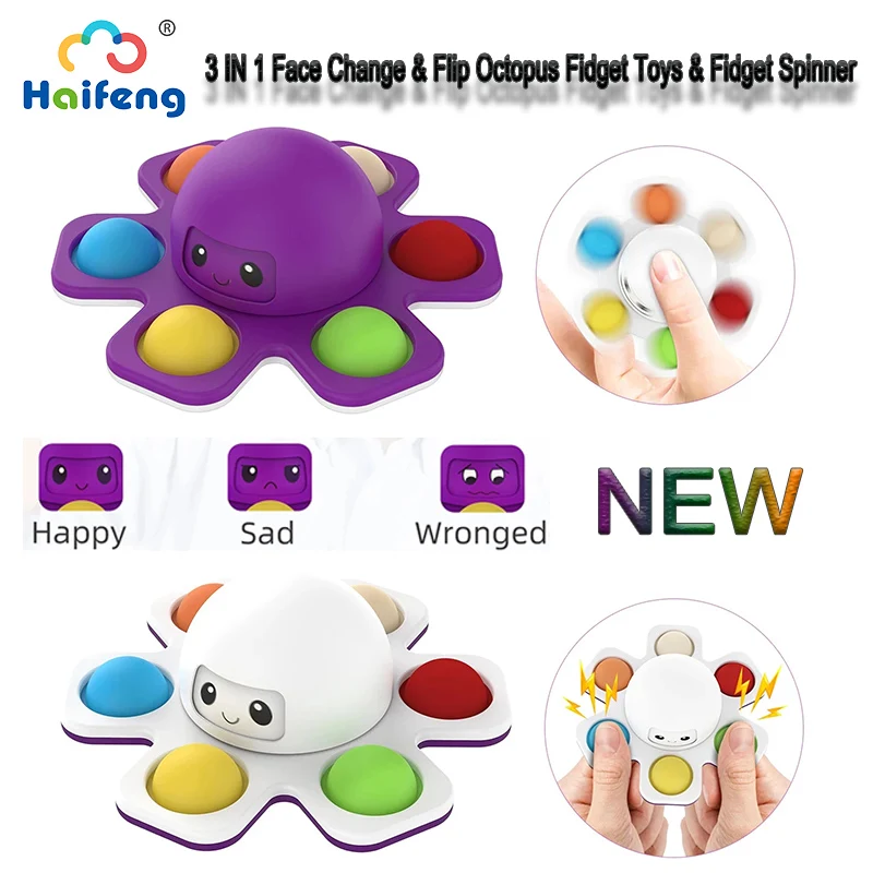 

3IN1 Flip Octopus Poppit Toy Fidget Spinner Toys Anti Stress Hand Fingertip Gyro Push Bubble Pop Change Face Poppit Toy Sensory