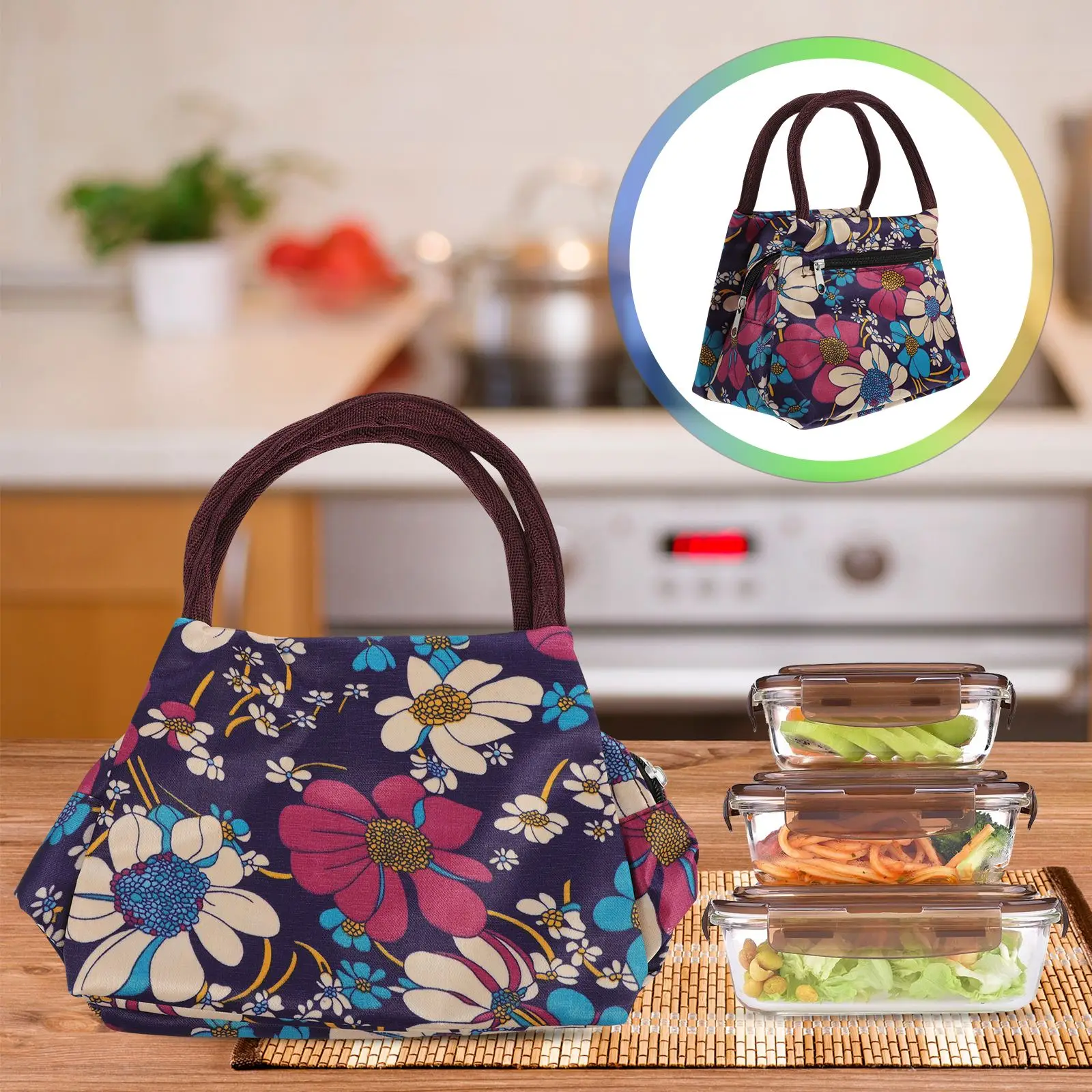 

1pc Flower Pattern Lunch Box Bag Double-layer Insulation Lunch Bag Bento Bag
